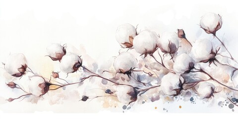 Wall Mural - Elegant Watercolor Representation of Cotton Blooms: A Delicate Floral Art Piece