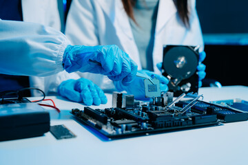 Wall Mural - The technician is putting the CPU on the socket of the computer motherboard. electronic engineering electronic