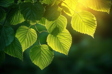 Poster - Sunlit Green Leaves on a Branch in a Forest