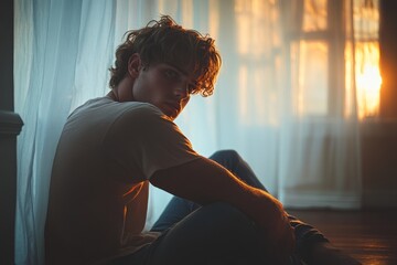 Poster - Young Man Sitting By Window in Warm Light