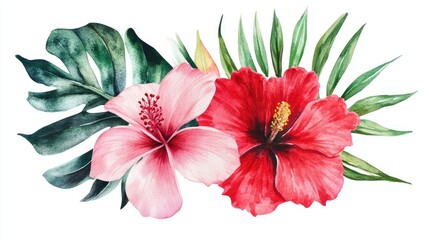 Vibrant Watercolor Hibiscus Flowers Surrounded by Lush Greenery