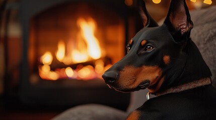 Wall Mural - A Doberman rests near a cozy fireplace, exuding warmth and tranquility.