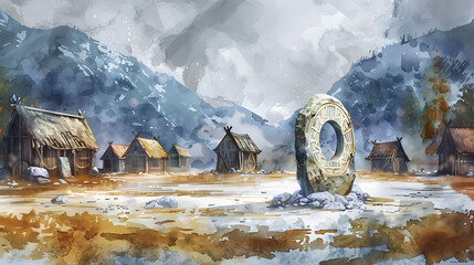 Rune Stone Circle Viking buildings Watercolor