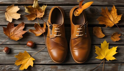 Wall Mural - Rustic leather moccasins among autumn leaves on weathered wood