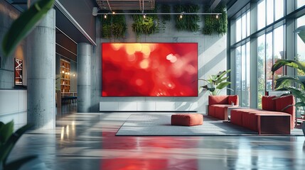 Aufkleber - A big tv screen in a modern office breakout area; in a low angle shot, shooting up featuring hint of red. Generative AI.