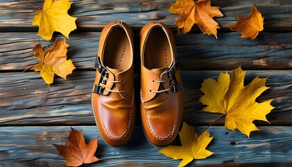 Wall Mural - Rustic leather moccasins among autumn leaves on weathered wood