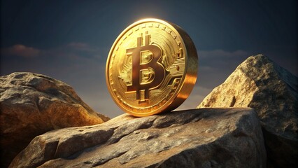 Golden bitcoin is on the rock. Crypto concept
