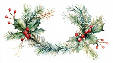 Charming Watercolor Illustration of Holly and Pine for Holiday Decor