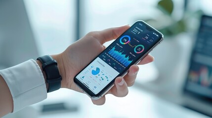Fototapete - A hand holding a smartphone, with a smartwatch on the wrist. Both the phone and smartwatch screens are clearly visible, displaying health vital. The background is minimalist and modern. Generative AI.