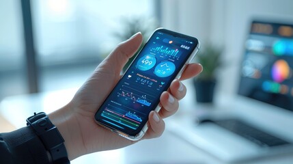 Fototapete - A hand holding a smartphone, with a smartwatch on the wrist. Both the phone and smartwatch screens are clearly visible, displaying health vital. The background is minimalist and modern. Generative AI.