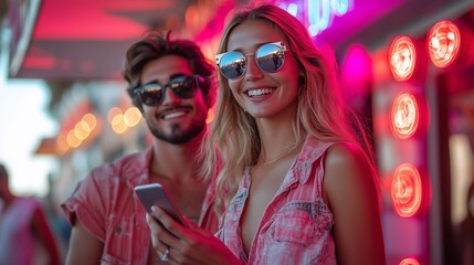 Young couple enjoying an evening stroll with neon lights in the background, capturing a moment of joy and connection together