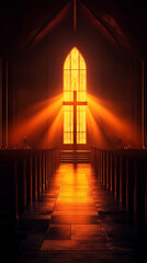 Wall Mural - Realistic religious background. a church with cross and light coming from its behind.