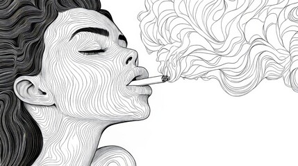 Wall Mural - A digital illustration in line art features a woman smoking a cigarette, from which flows an abstract cloud of rhythmic patterns made of flowing lines and curves.