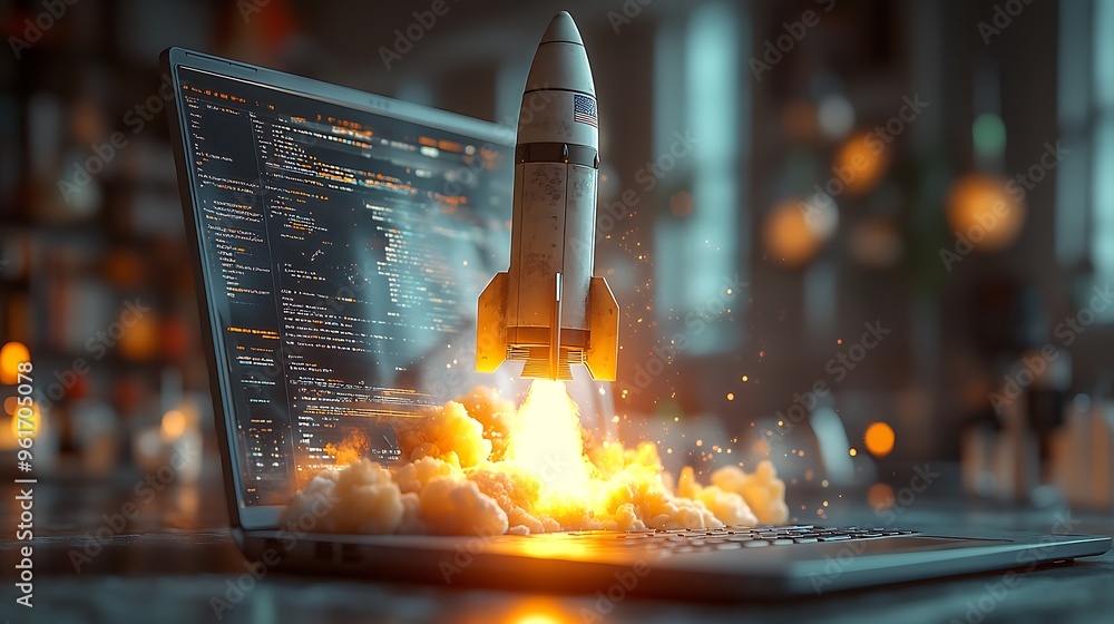 Rocket Using Computer Graphics A high-resolution depiction of a rocket emerging from a laptop screen ...