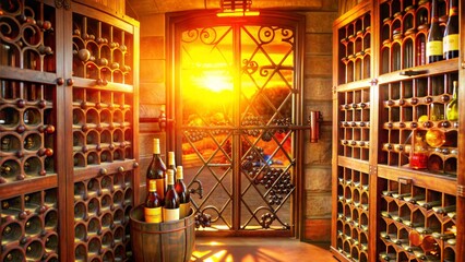 Elegant wine cellar with bottles and sunset views through the iron gate
