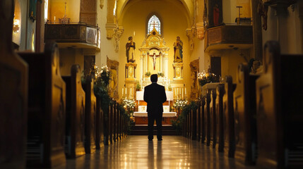 Man praying in catholic church