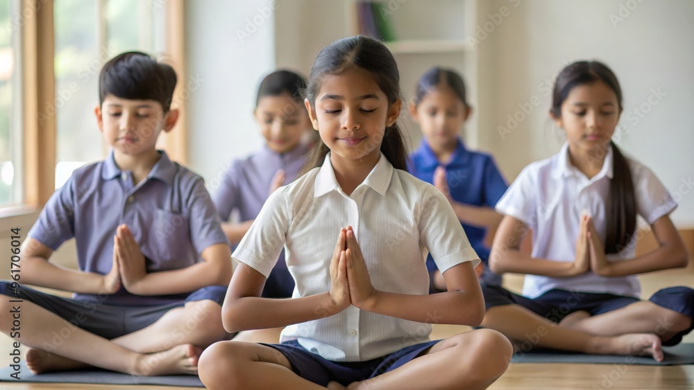 Indian students practicing mindfulness and yoga exercises in school ...