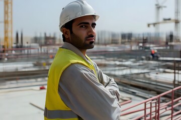 Construction Worker in Hard Hat and Safety Vest at a Construction Site