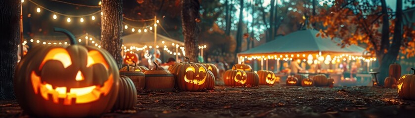 Festive Halloween scene with glowing carved pumpkins, fairy lights, and outdoor decorations creating a magical autumn atmosphere.