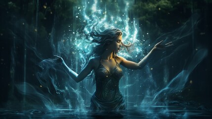 Beautiful magic witch woman in dark water swamp among trees. Neural network ai generated art