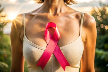 Wall Mural - Woman Silhouette with Ribbon A silhouette of a woman with a pink ribbon wrapped around her body, symbolizing strength, beauty, and the personal battle against breast cancer.