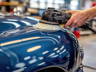 Professional car detailer using polishing machine on blue classic car