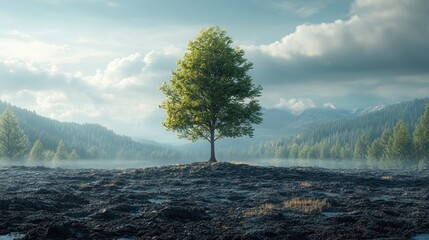 Sticker - Solitary Tree in a Misty Forest