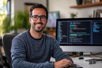 Smiling programmer working at his desk. Great for articles about programming, web development, and IT careers.