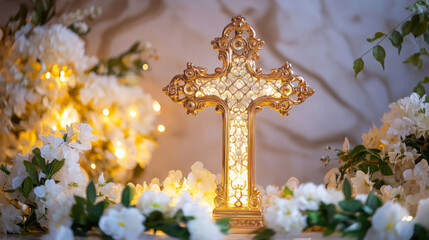 A golden cross with white flowers and lights on the marble background