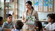 © Htet Wai Phyo - A classroom scene where an Indian teacher educates students about environmental issues, using posters and eco-friendly activities.