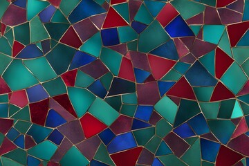 A mosaic of random shapes in jewel tones emerald sapphire and ruby interlocking, Ai generated