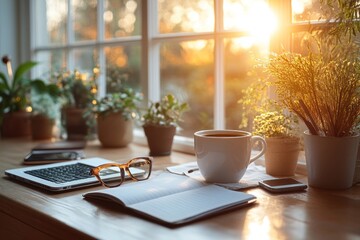 Canvas Print - Cozy Workspace with Sunlit Window and Coffee