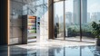 © visoot - Office with a vending machine in front of a floor-to-ceiling window next to a clean wall, marble floor, bright, modern. Generative AI.
