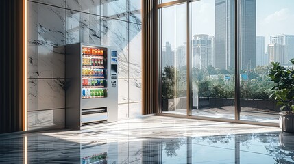 Office with a vending machine in front of a floor-to-ceiling window next to a clean wall, marble floor, bright, modern. Generative AI.