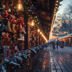 Wall Mural - Festive Christmas market at dusk with lights and decorations, creating a warm and joyful holiday atmosphere.