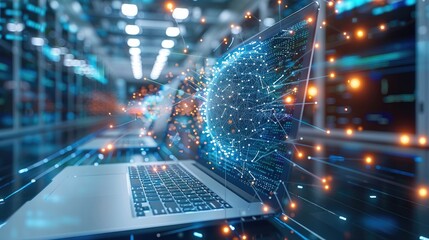 Fototapete - A laptop and a PC both super modern controlled by a neuron chip. The neuron network and the chip are supposed to represent a super AI. Generative AI.