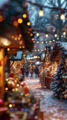 Wall Mural - Festive Christmas market with decorated stalls, twinkling lights, and snow-covered surroundings, creating a magical holiday atmosphere.