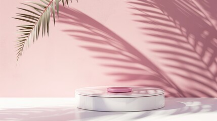 Sticker - Abstract backdrop for cosmetic product presentation with tropical palm leaf shadow on premium podium. White table and pink wall included.