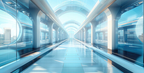 Aufkleber - Urban architecture, style Future technology, the building is left and right distribution with a technological road in the middle, the pavement is transparent. Generative AI.
