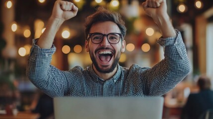 Sticker - Happy Man Celebrating Success at Cafe