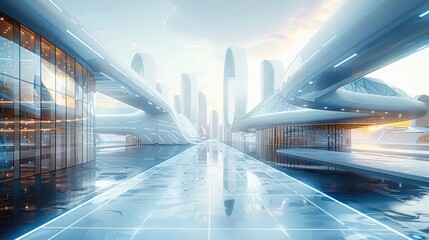 Aufkleber - Urban architecture, style Future technology, the building is left and right distribution with a technological road in the middle, the pavement is transparent. Generative AI.