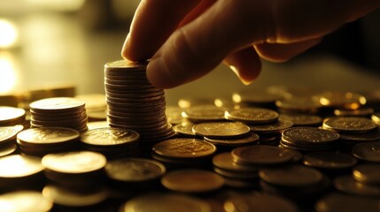 Wall Mural - Close-up of a hand stacking coins on a table, representing the process of wealth accumulation and investment growth