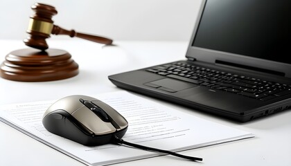 Professional workspace featuring NOTARY PUBLIC text alongside a laptop and mouse on a clean white background