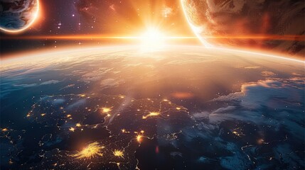 Wall Mural - earth with sunrise in space background. generative ai.