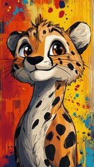 Wall Mural - Cartoon art style, a cheetah with exaggerated features and a playful expression, set against a bright, whimsical background.