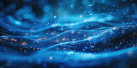 Poster - Abstract blue glowing particles composition with glitter tilted on dark background, glowing particles flowing in space and shining in dark area, digital technology. Generative AI.