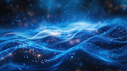 Poster - Abstract blue glowing particles composition with glitter tilted on dark background, glowing particles flowing in space and shining in dark area, digital technology. Generative AI.