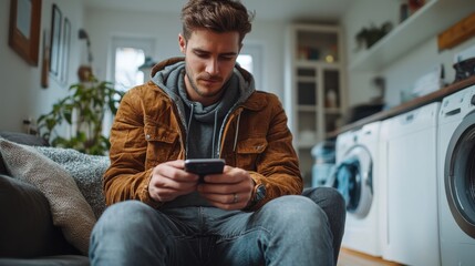 Sticker - Young Man Using Smartphone at Home