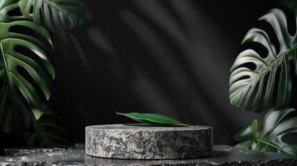 Canvas Print - Stone granite podium with tropical leaf on black background. Luxury product display mockup in natural aesthetic room.