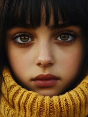 Wall Mural - Close Up Portrait of a Young Girl with Brown Eyes and a Yellow Knitted Sweater